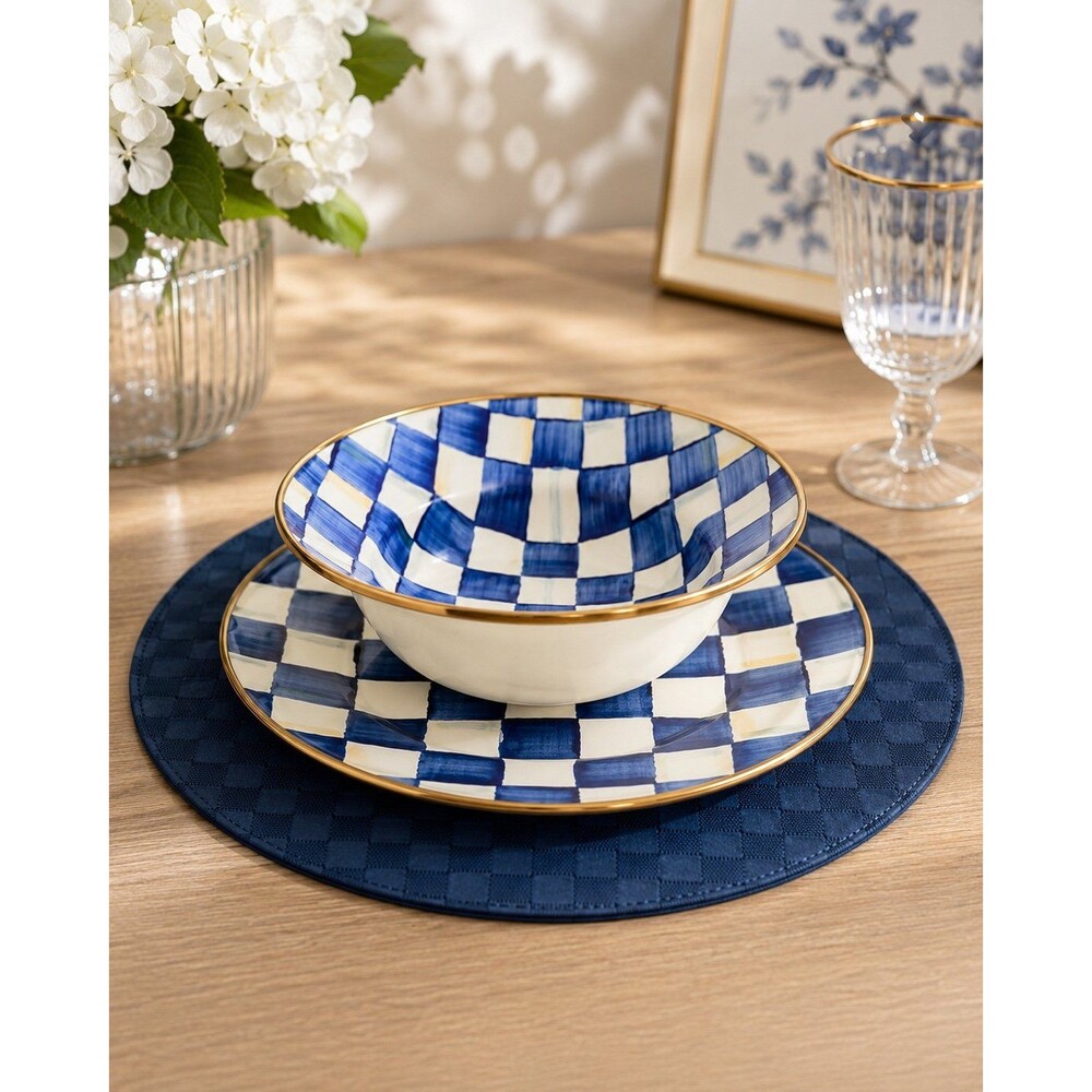 Mackenzie Childs Indigo Check Faux Leather Placemat Set of 4 New